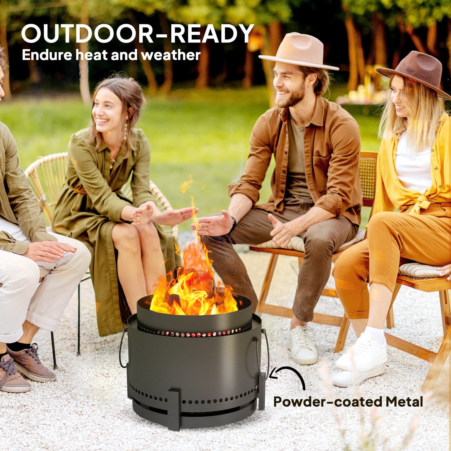 Outsunny Smokeless Fire Pit with Ash Catcher, 37cm Portable Wood Burning Firepit with Poker for Garden Camping Bonfire Party, Metal, Dark Grey