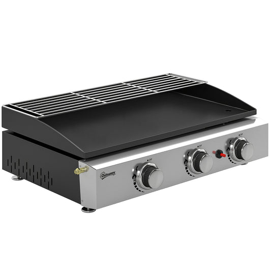 Outsunny 3 Burner Grill Griddle, Portable Gas Plancha with Warming Rack, 7.5 kW, Tabletop Gas BBQ with Grease Cup, Black