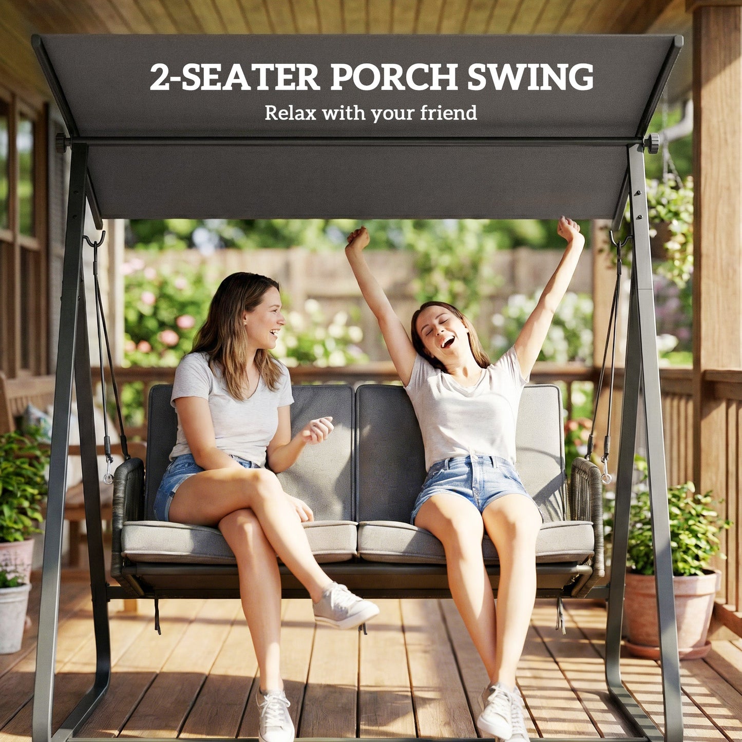 Outsunny 2-Seater Rattan Swing Chair, Outdoor Garden Hanging Swing Seat with Stand, Adjustable Canopy and Soft Cushions