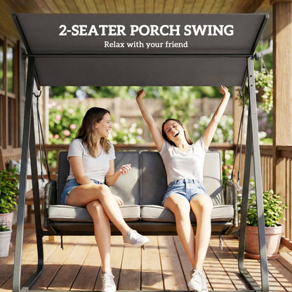 Outsunny 2-Seater Rattan Swing Chair, Outdoor Garden Hanging Swing Seat with Stand, Adjustable Canopy and Soft Cushions