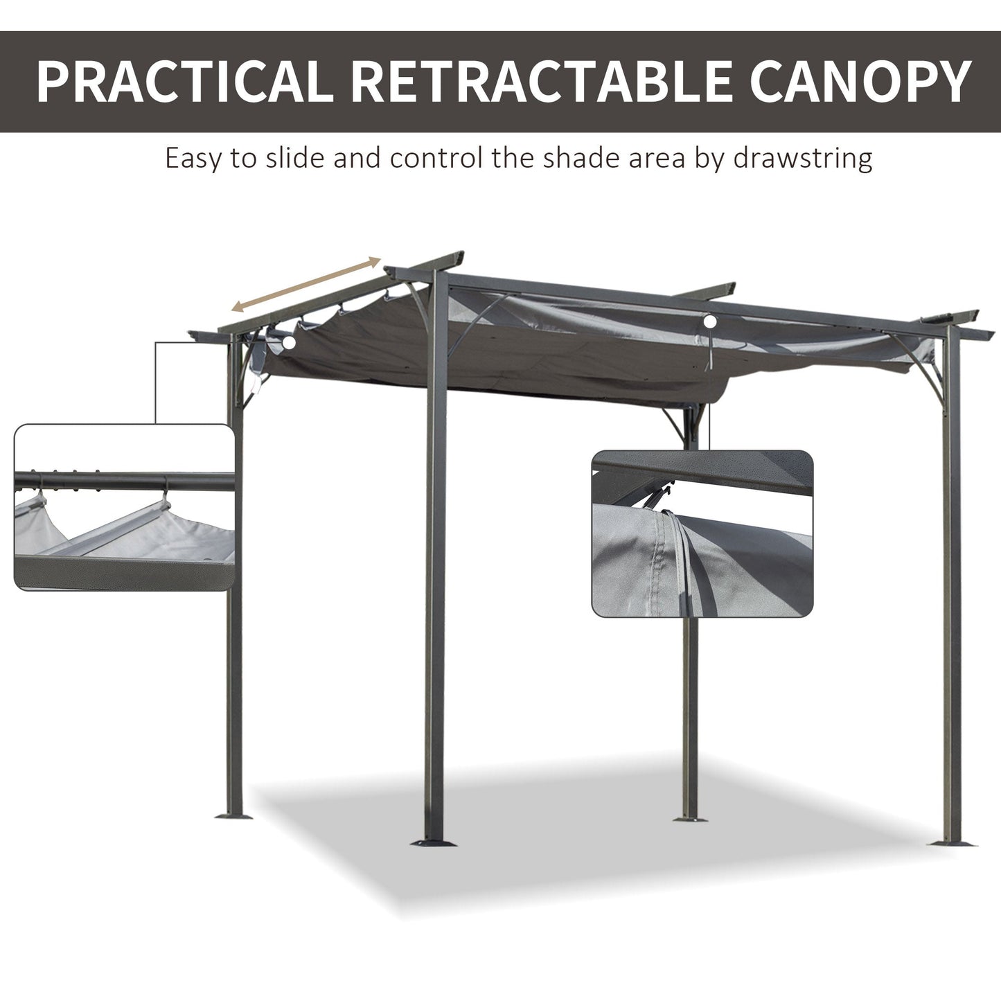 Outsunny 3 x 3(m) Metal Retractable Pergola, Garden Gazebo Metal Pergola Canopy Outdoor Sun Shade Shelter for Party BBQ, Grey