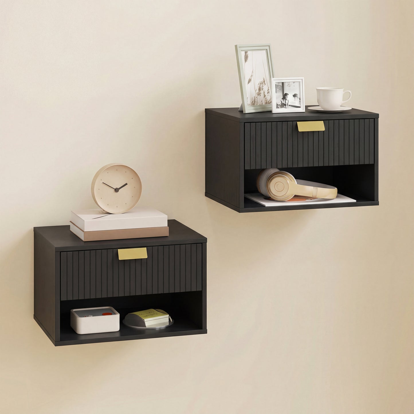 HOMCOM Set of 2 Wall Mounted Nightstands, Floating Bedside Tables with Fluted Drawer and Open Shelf for Small Bedroom, Black