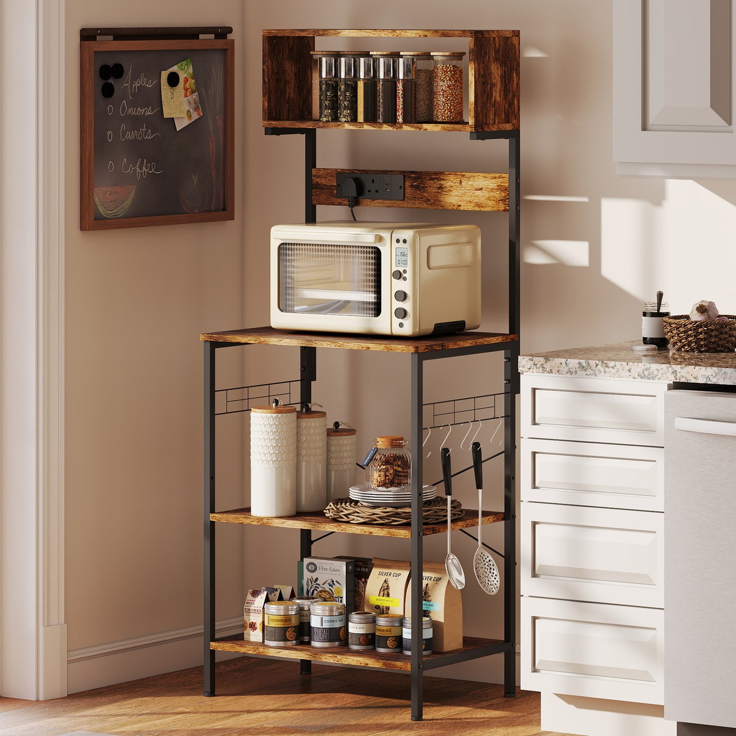 HOMCOM Bakers Rack with Power Outlet, USB Charger, Microwave Stand with Adjustable Shelves, 5 Hooks for Small Spaces, Kitchen Storage Unit for Spices, Pots and Pans, Rustic Brown
