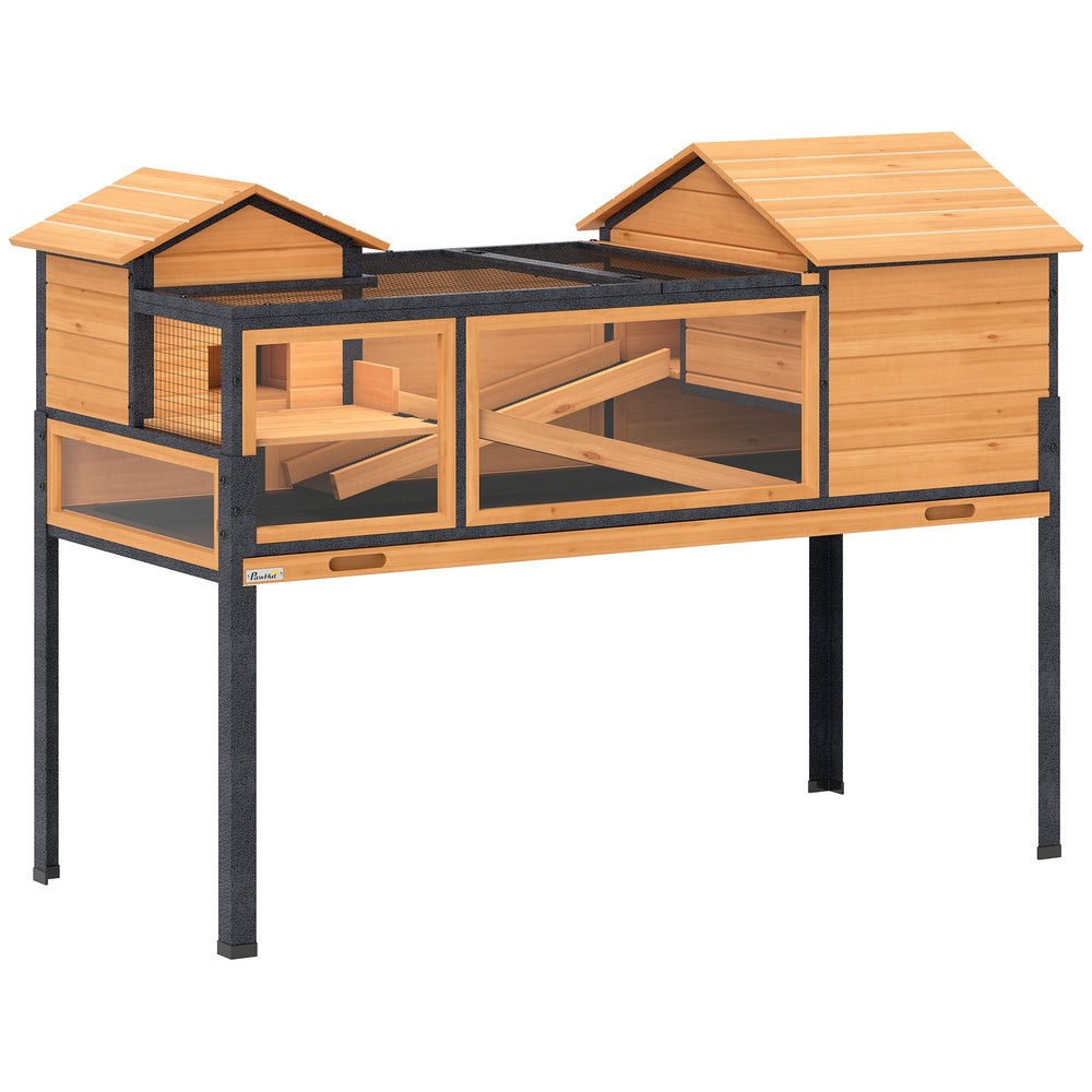 PawHut Wooden Tortoise House with Stand Legs, Clear Observation Windows, Ramps, Openable Top, Built-in Tray, Yellow