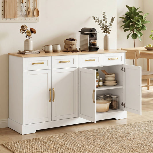 HOMCOM Sideboard Buffet Cabinet, 140 cm Kitchen Storage Cabinet with 4 Drawers, 4 Doors and 2 Adjustable Shelves, White