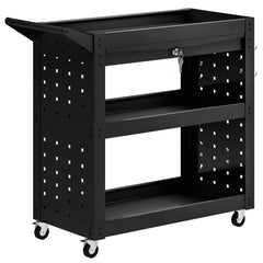 HOMCOM Tool Cart with Lockable Wheels, Rolling Workshop Cart with 3-Tier Trays, Drawer, Pegboards, Black