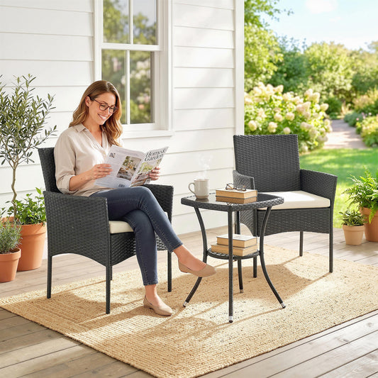 Outsunny 3 Piece Rattan Bistro Set, PE Wicker Garden Furniture Conversation Set with 2 Tier Glass-Top Table, Chairs, Cream White