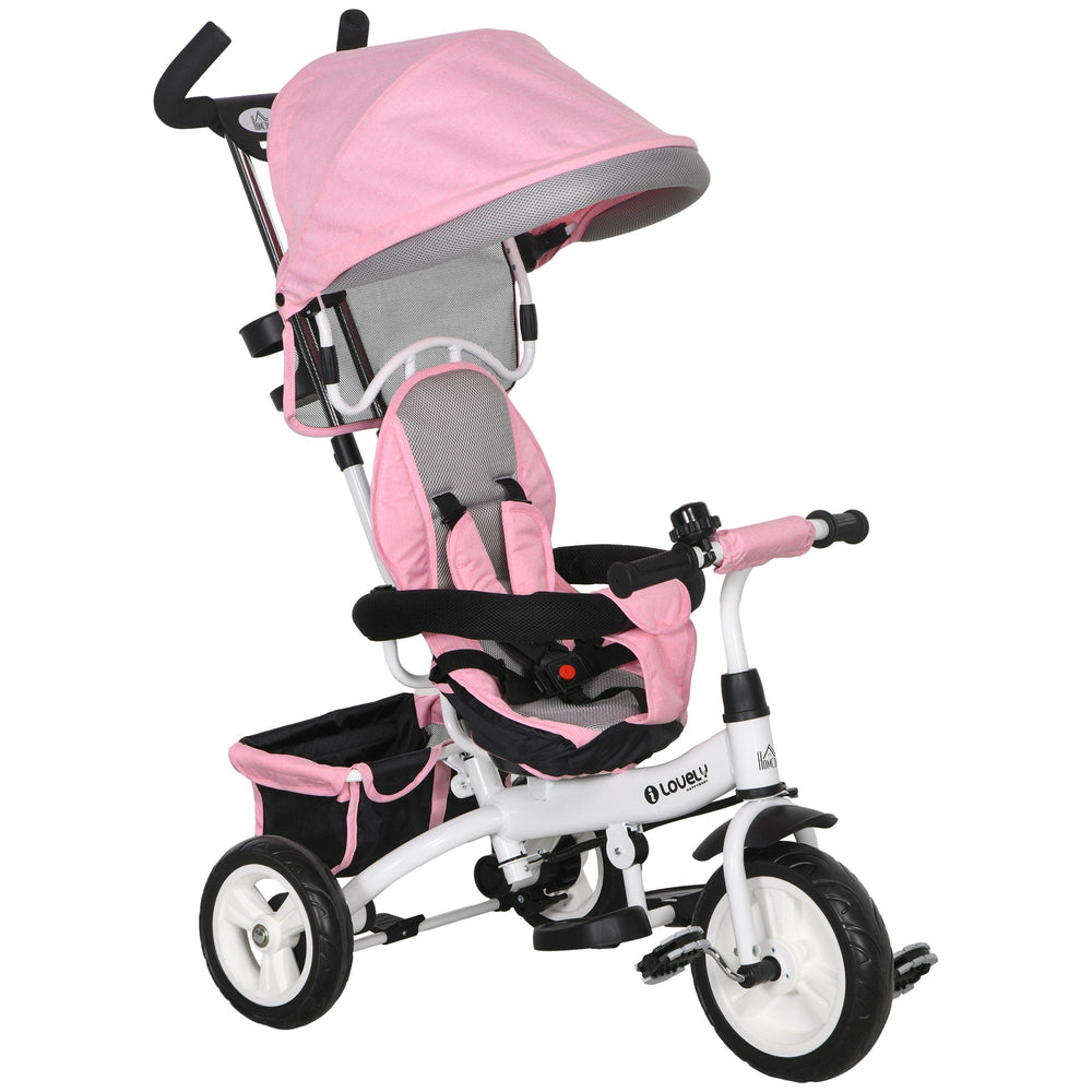 HOMCOM 6 in 1 Kids Trike Push Bike w/ Push Handle, Canopy, 5-point Seat Belt, Storage, Footrest, Brake, for 1-5 Years, Pink