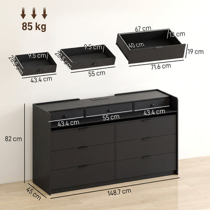 HOMCOM Chest of Drawers for Bedroom with LED Light & Charging Station, 9 Drawers Storage Unit/TV Stand, Black