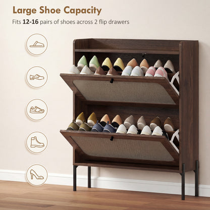 HOMCOM Shoe Cabinet with 2 Flip Drawers, Boho Narrow Shoe Storage Cabinet, Dark Brown
