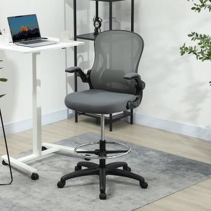 Vinsetto Drafting Chair, Ergonomic Tall Office Chair with Flip-up Armrests, Mesh Back, Lumbar Support, Adjustable Height and Foot Ring, Swivel Wheels, for Standing Desk, Charcoal Grey