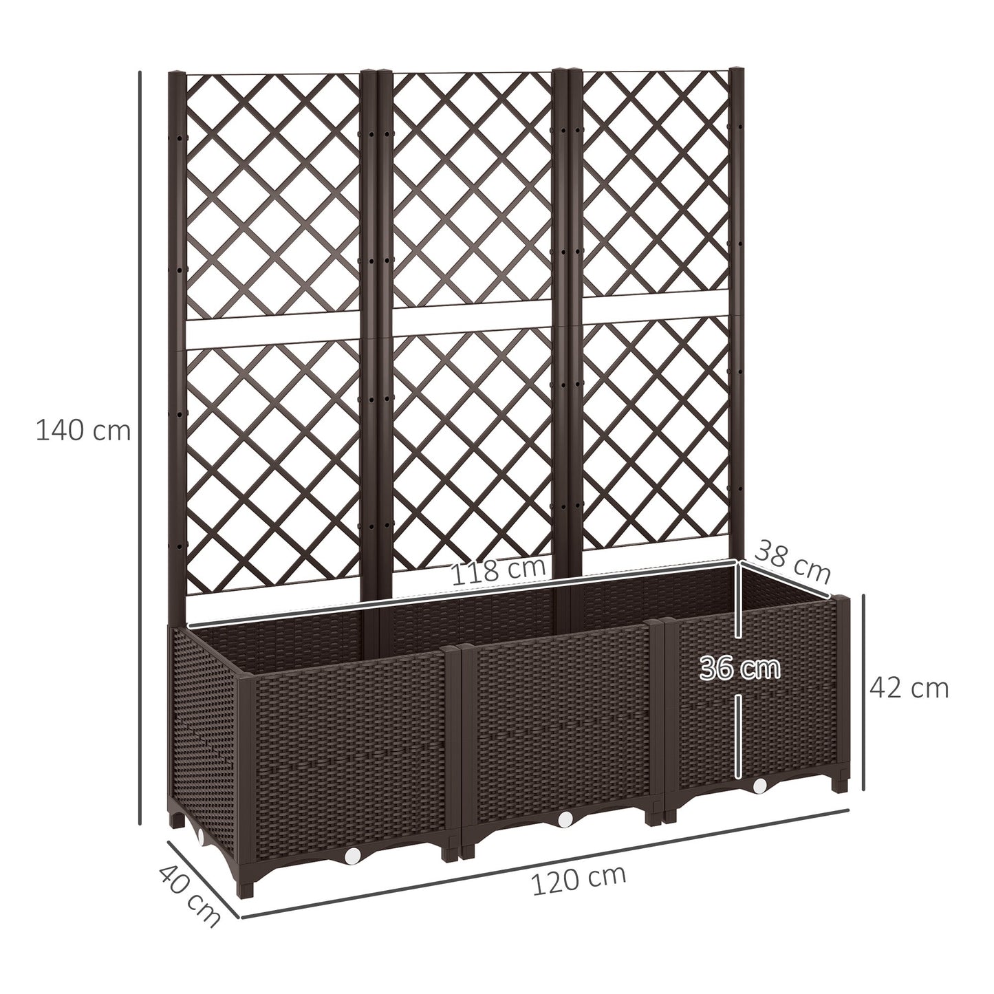 Outsunny Raised Garden Bed with Trellis, Plastic Planter Box with Drainage Holes, Drain Plugs and Water Reservoirs for Climbing Plants, Vegetables, Flowers, Brown