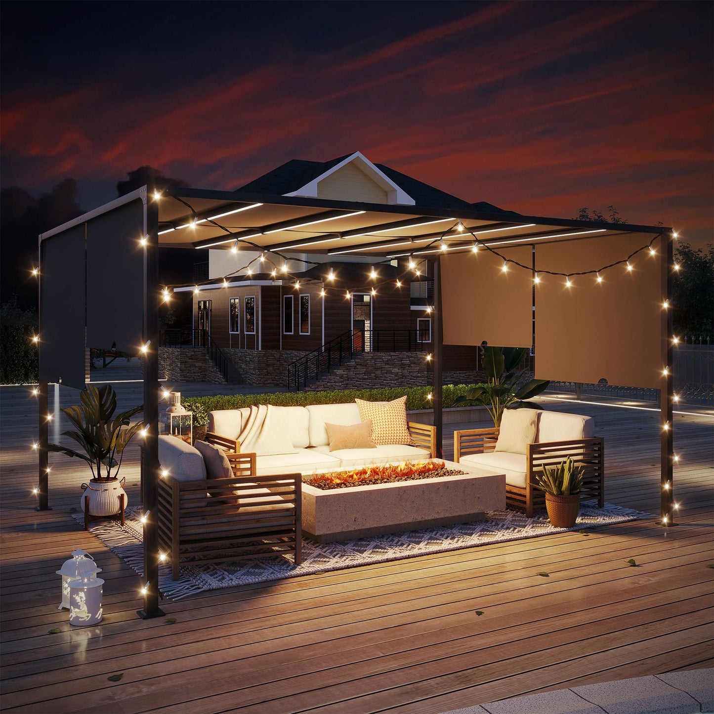 Outsunny 3(m) x 4m Metal Pergola with LED Lights, Outdoor Garden Pergola with Sliding Roof, Solar Powered, for BBQ,√Ç Lawn, Dark Grey