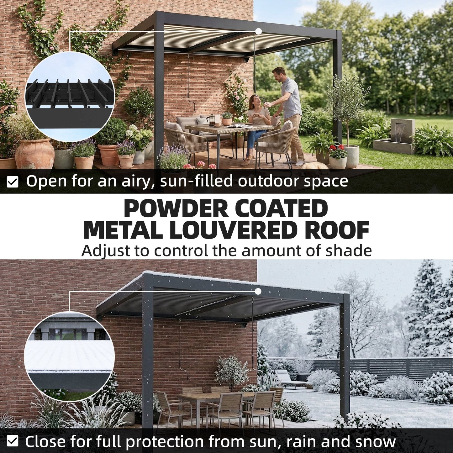 Outsunny 3 x 3 m Louvered Pergola with LED Lights, Metal Louvres, Wall Mounted Aluminium Patio Gazebo Pergola, Dark Grey