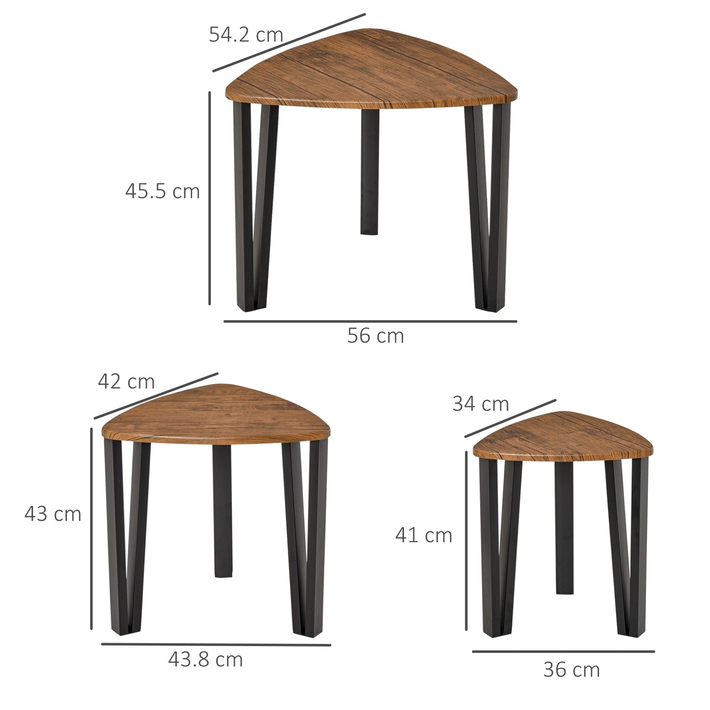 مجموعة طاولات القهوة HOMCOM Nest of Tables، مكونة من 3 طاولات متداخلة على شكل مثلث بأرجل معدنية، طاولة جانبية صناعية لغرفة المعيشة، خشب الجوز