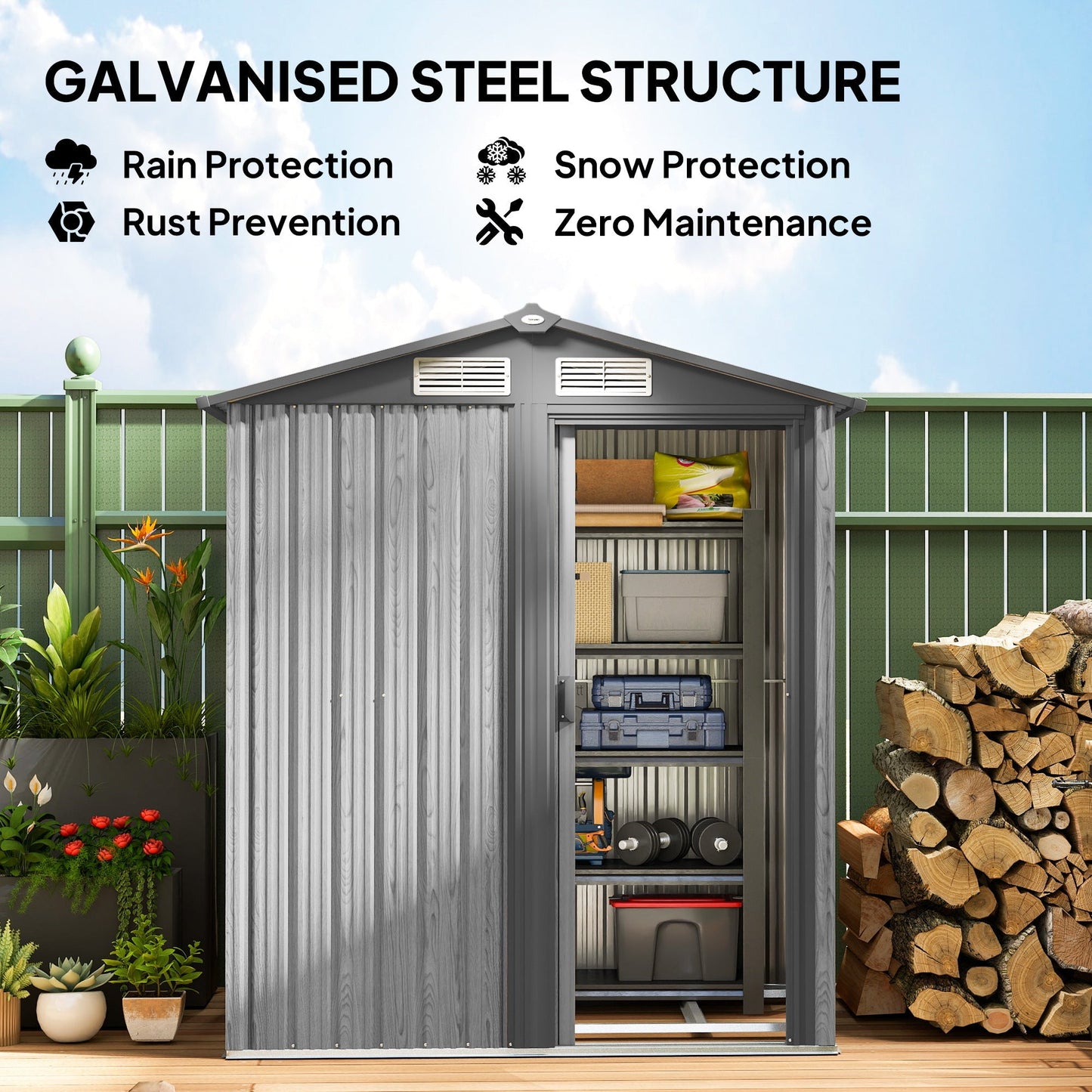 Outsunny 4.3 x 5ft Outdoor Garden Storage Shed - Grey Wood Effect