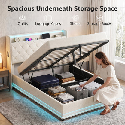 HOMCOM 4ft6 Double Bed Frame with Headboard, Platform Bed Frame with Hydraulic Storage, LED Lights and Charging Station, Cream
