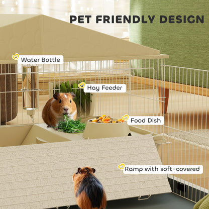 PawHut Small Animal Cage with Removable Pet Playpen, Guinea Pig Cage with Waterproof Pad, Hay Feeder, 108 x 71 x 57cm, Beige