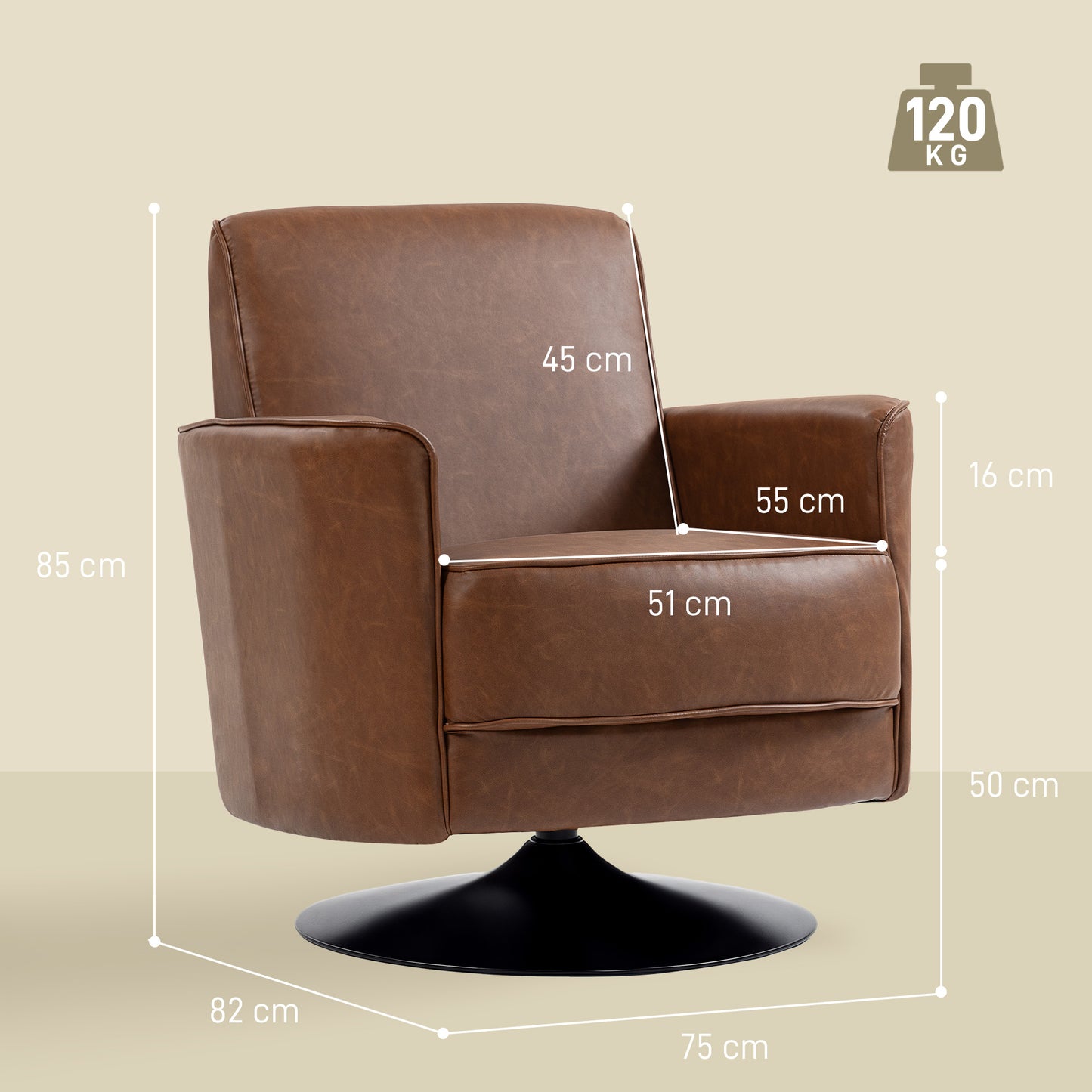HOMCOM Upholstered Swivel Accent Chair with Thick Padding, Brown