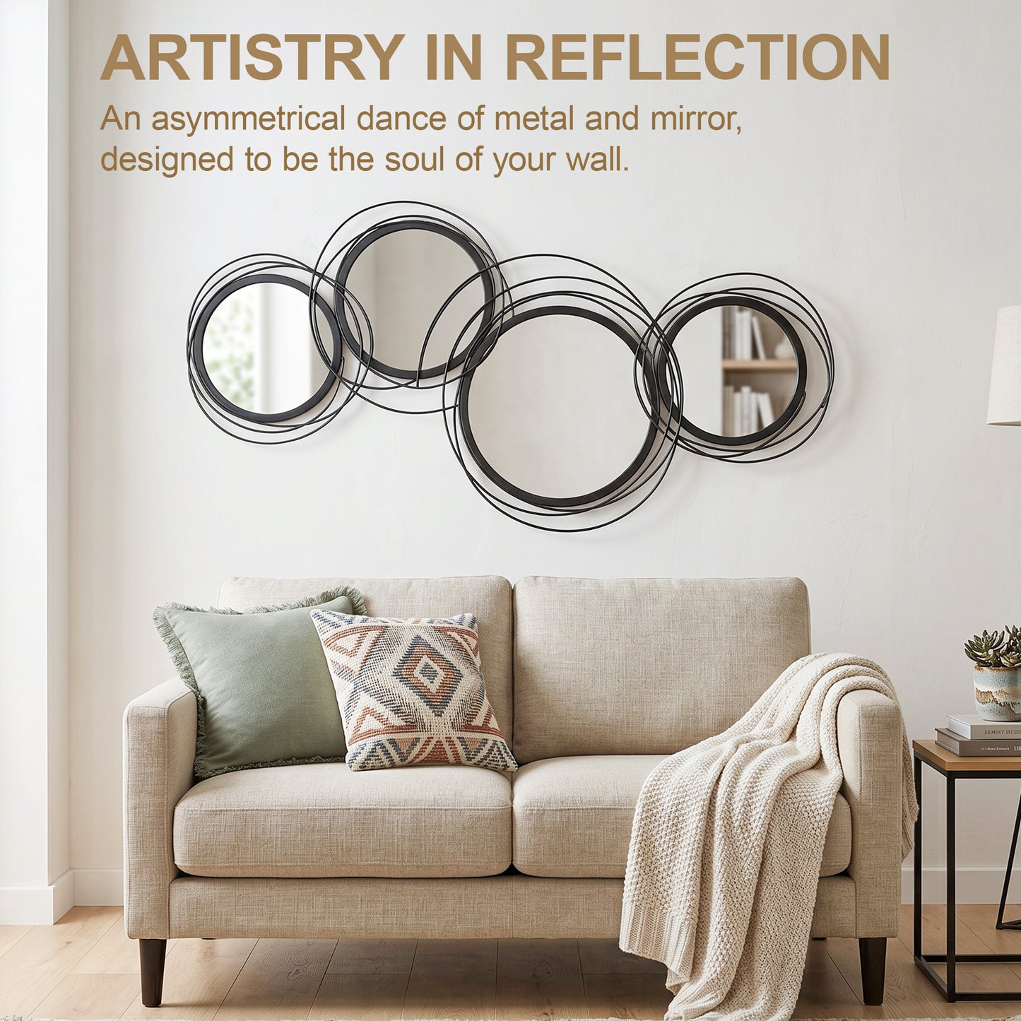 HOMCOM Metal Wall Art 56cm Modern Decorative Mirror Decor for Living Room Bedroom Dining Room, Black