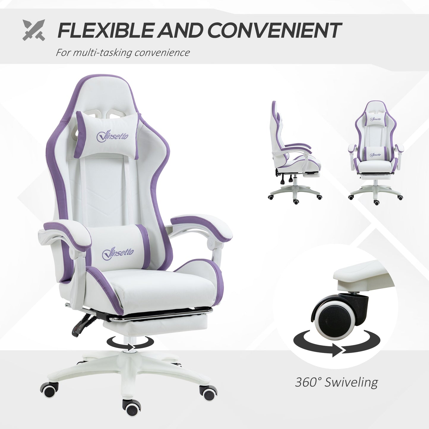 Vinsetto Computer Gaming Chair, PU Leather Desk Chair with Footrest, Swivel Task Chair with 135¡ Reclining Back and Lumbar Support, PC Chair for Adults, White and Purple