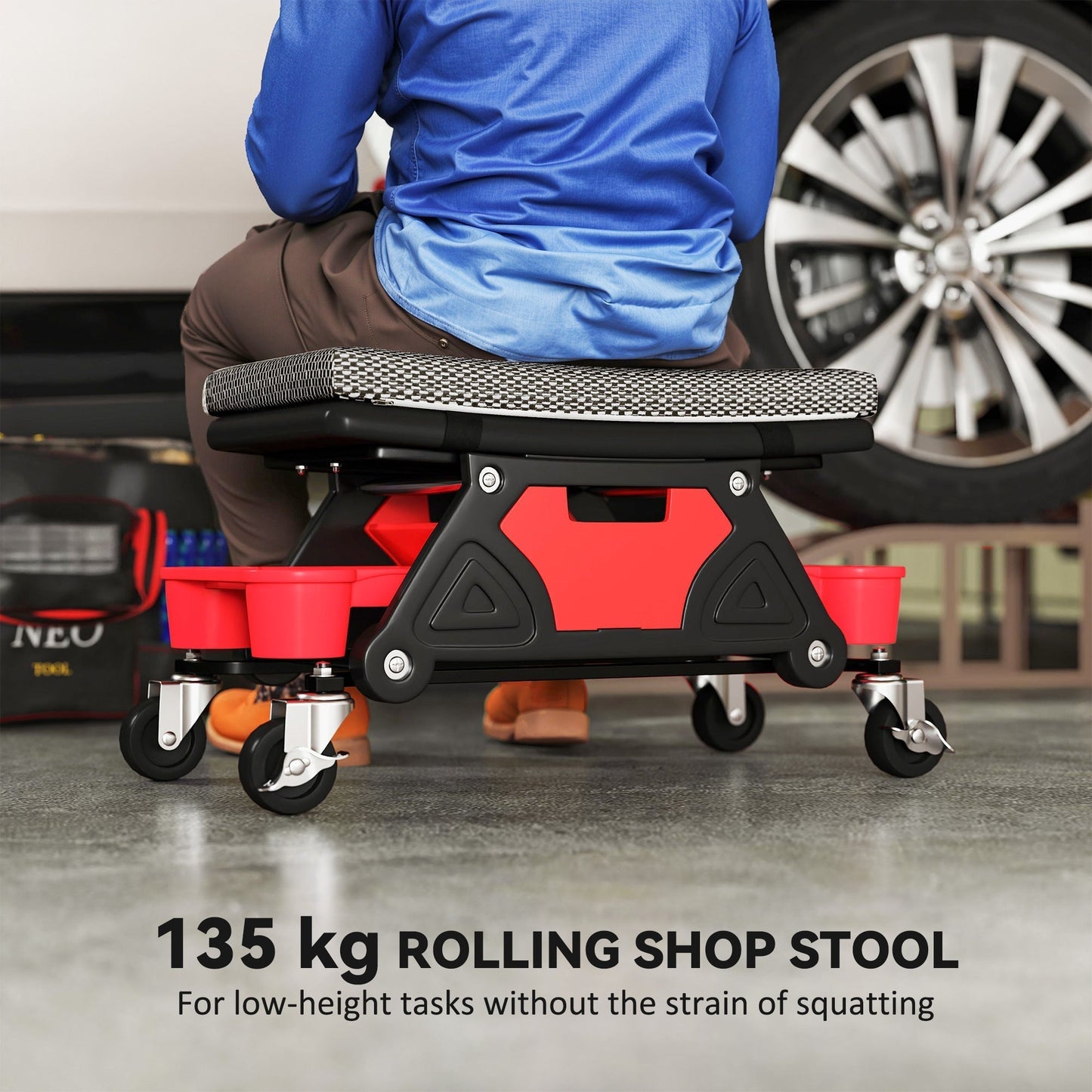 HOMCOM Rolling Mechanic Stool, 135kg Capacity Workshop Stool, 360 Swivel Roller Padded Creeper Seat with Wheels, Slide Out Tool Trays and Drawer for Garage, Shop, Auto Repair, Black