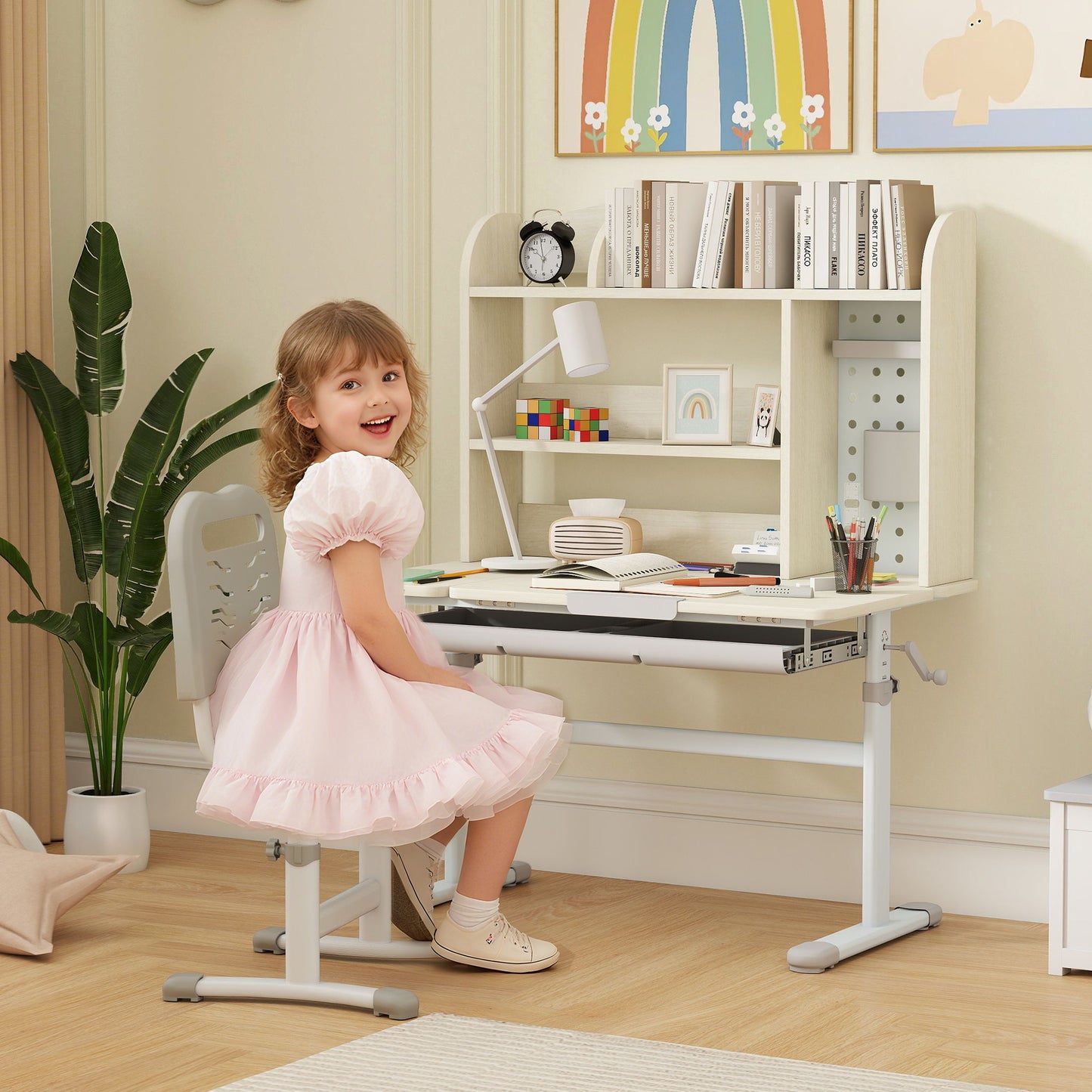 AIYAPLAY Kids Desk Height Adjustable with Tilt-Desktop, Hutch, Drawer, Storage Shelf, Pegboard, for 3-12 Years Old, Natural
