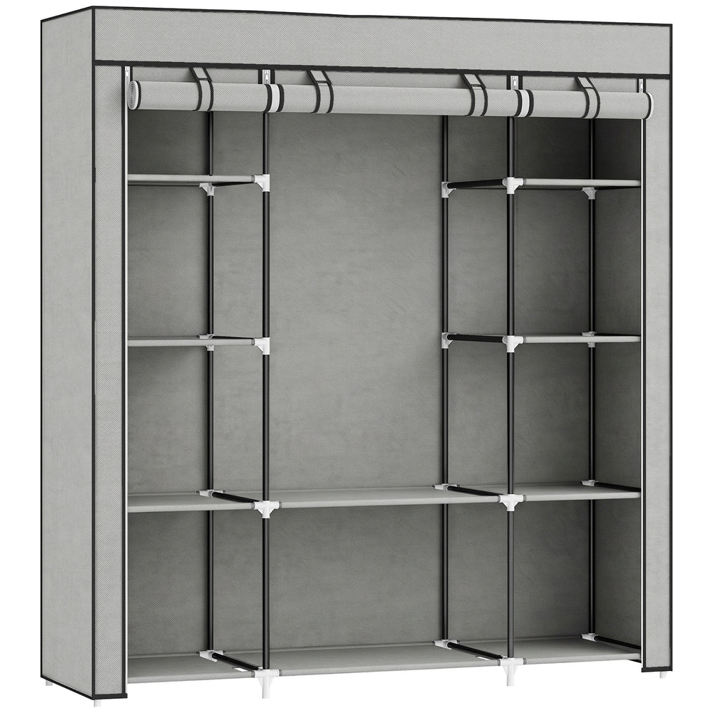 HOMCOM Clothes Storage Organiser with Hanging Rail, Shelves, Portable Wardrobe, Foldable Fabric Wardrobe, Light Grey
