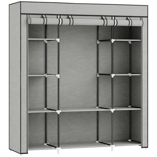 HOMCOM Clothes Storage Organiser with Hanging Rail, Shelves, Portable Wardrobe, Foldable Fabric Wardrobe, Light Grey