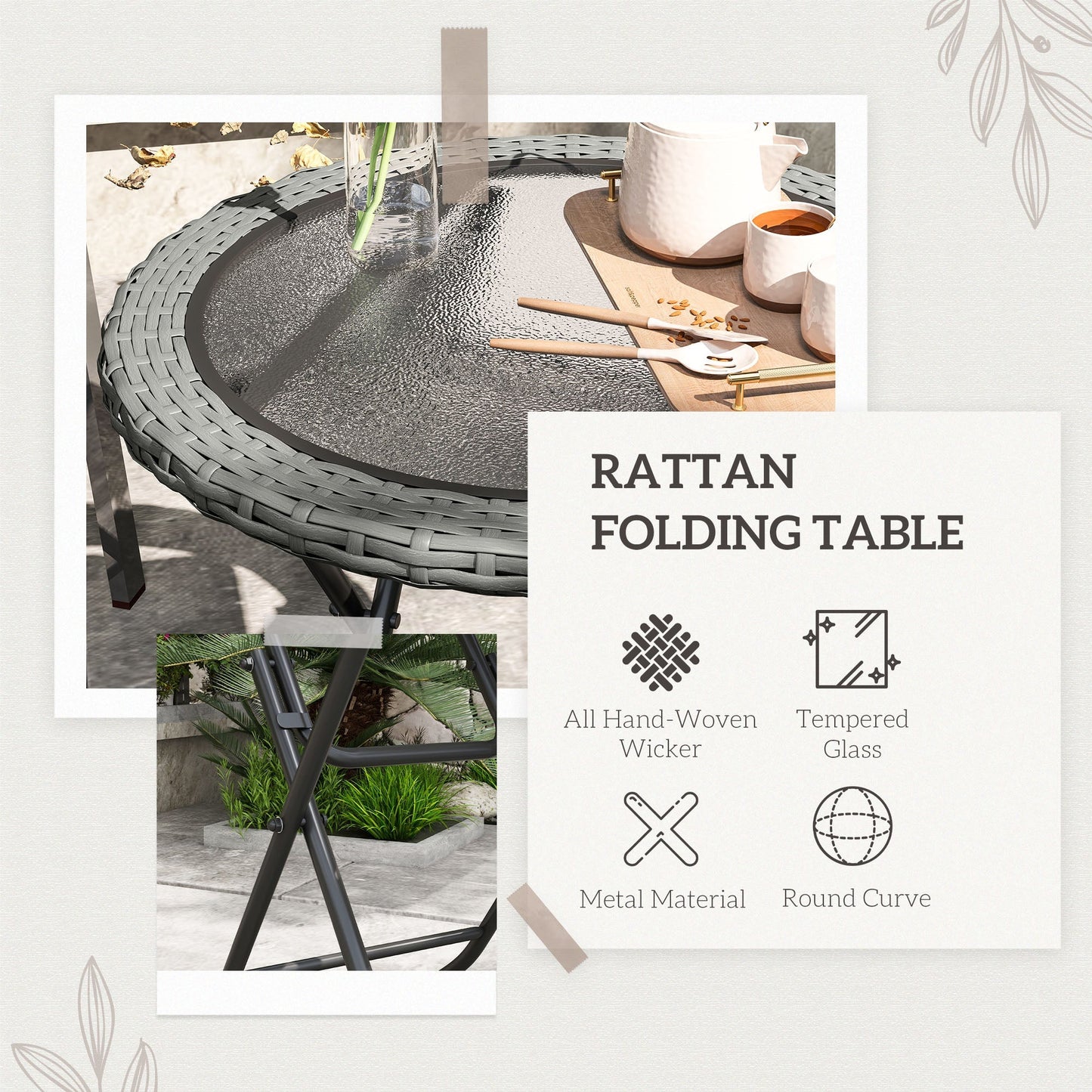 Outsunny Folding Rattan Garden Dining Table, 68 cm Round Rattan Garden Table with Water Ripple Tempered Glass Top, Wicker Edging and Steel Frame for Outdoor, Patio, Grey