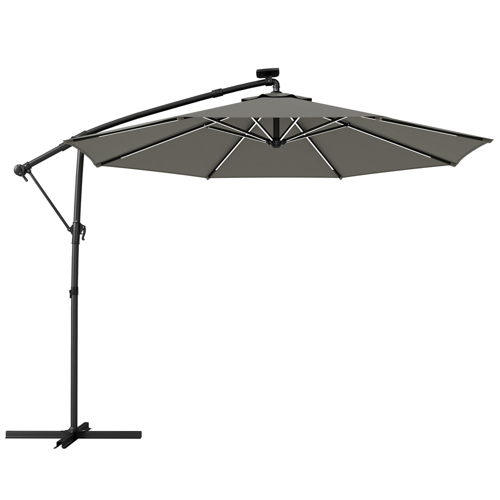 Outsunny 3 m Garden Cantilever Parasol with LED Solar Light, Round Overhanging Umbrella with 360 degrees Rotation, Cover, Grey
