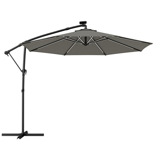 Outsunny 3 m Garden Cantilever Parasol with LED Solar Light, Round Overhanging Umbrella with 360 degrees Rotation, Cover, Grey