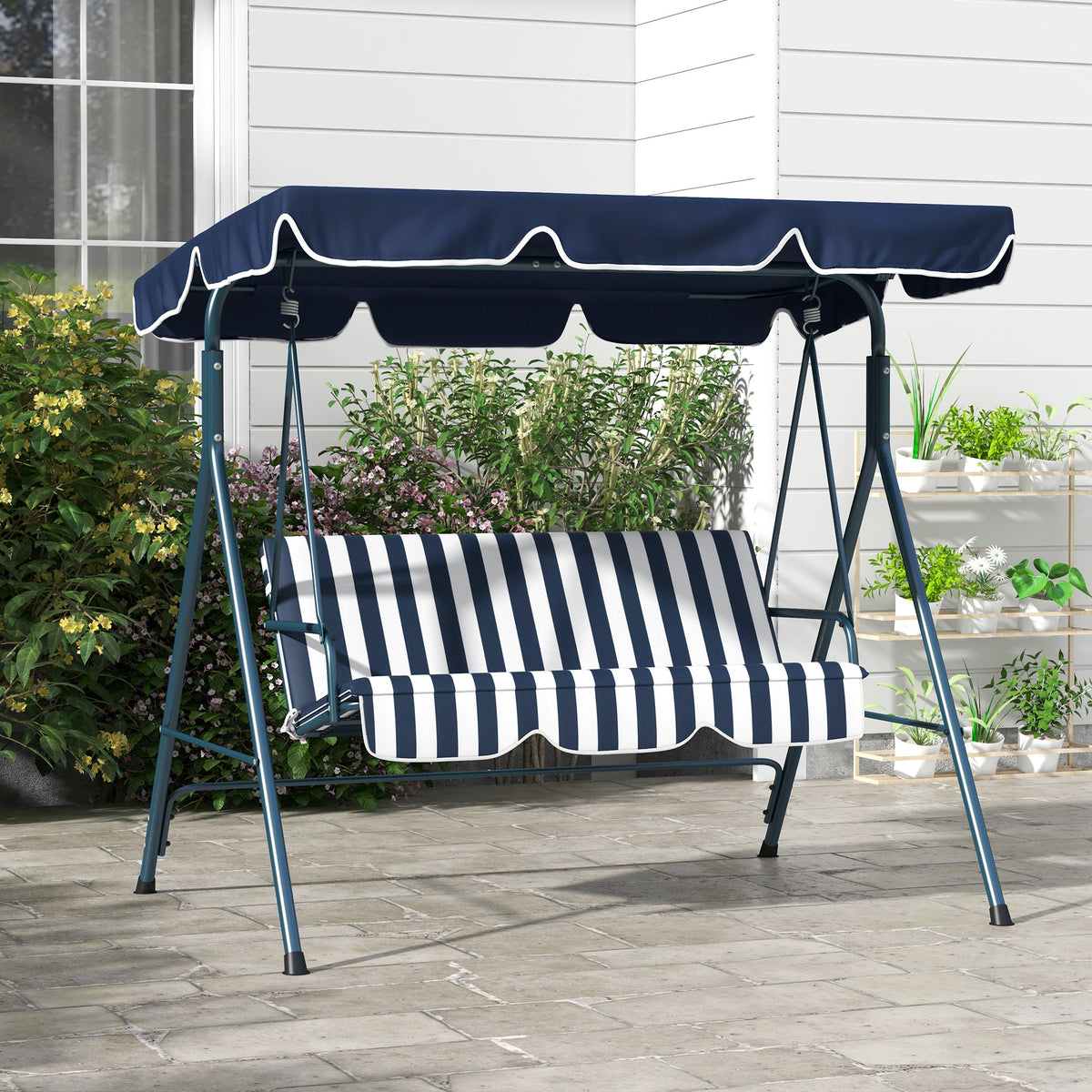 Outsunny 3 Seater Garden Swing Chair, Outdoor Swing Chair with Adjustable Canopy, Mental Frame & Cushions, Blue