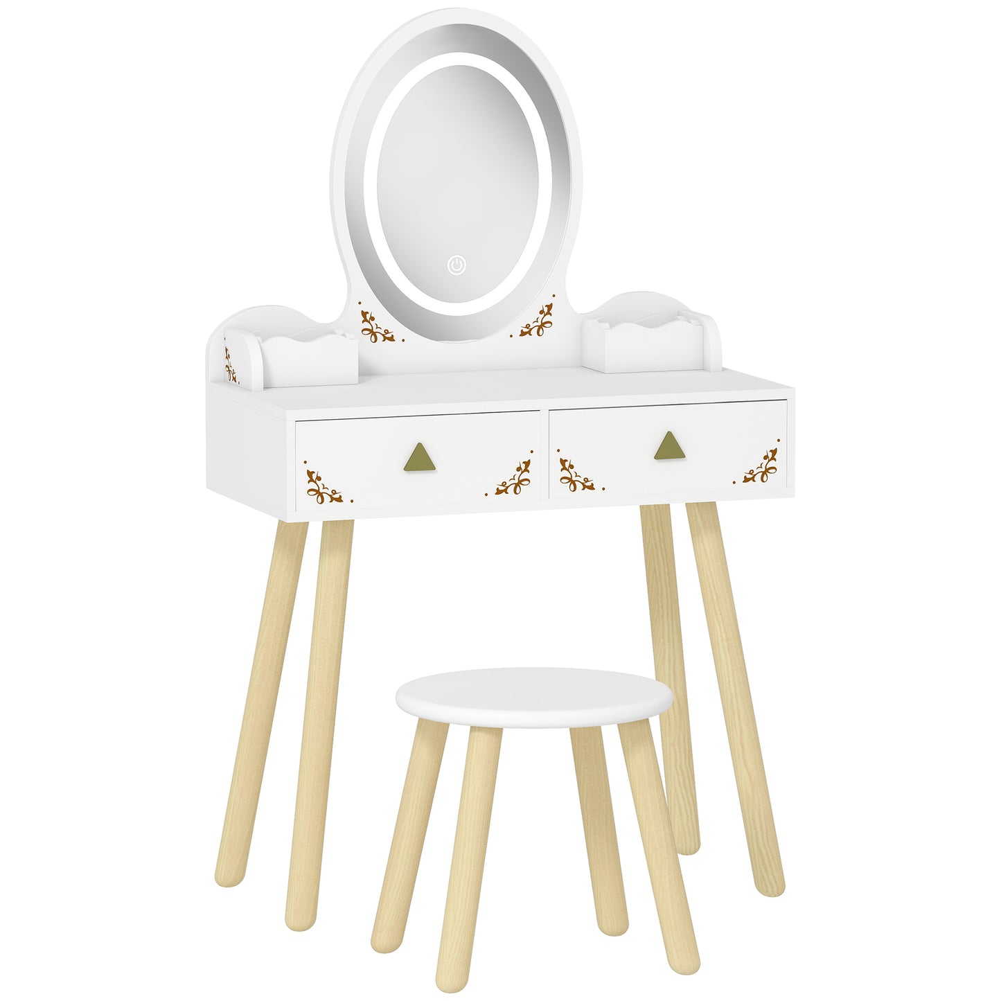 AIYAPLAY Kids Vanity Table and Chair Set with 3-Colour LED Lights Mirror, Drawer, Storage Boxes, for 3+ Years, White