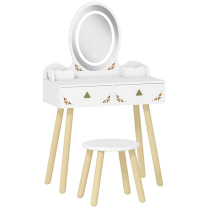 AIYAPLAY Kids Vanity Table and Chair Set with 3-Colour LED Lights Mirror, Drawer, Storage Boxes, for 3+ Years, White