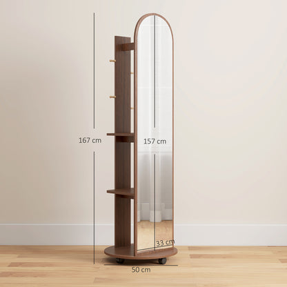 HOMCOM 2-in-1 Full Length Mirror with Storage Shelves, Floor Mirror with 4 Wheels, Coat Rack, Hooks, Brown Wood Effect