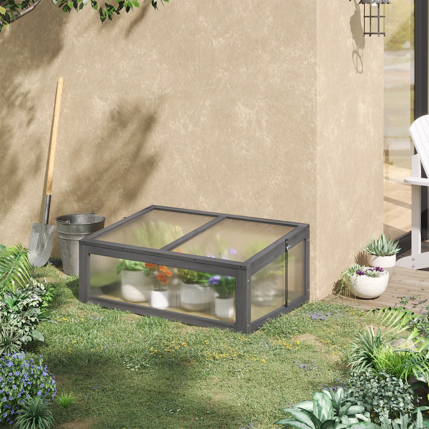 Outsunny Wooden Cold Frame, Small Polycarbonate Greenhouse for Plants with Openable & Tilted Top Cover, Grey, 100 x 65 x 40cm