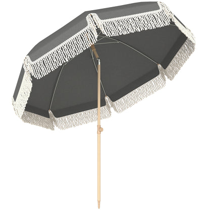 Outsunny 1.7 m Beach Umbrella with Sand Anchor, 30Â° Tilting Fringed Beach Garden Parasol with Adjustable Height, Grey