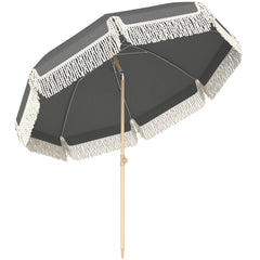 Outsunny 1.7 m Beach Umbrella with Sand Anchor, 30Â° Tilting Fringed Beach Garden Parasol with Adjustable Height, Grey