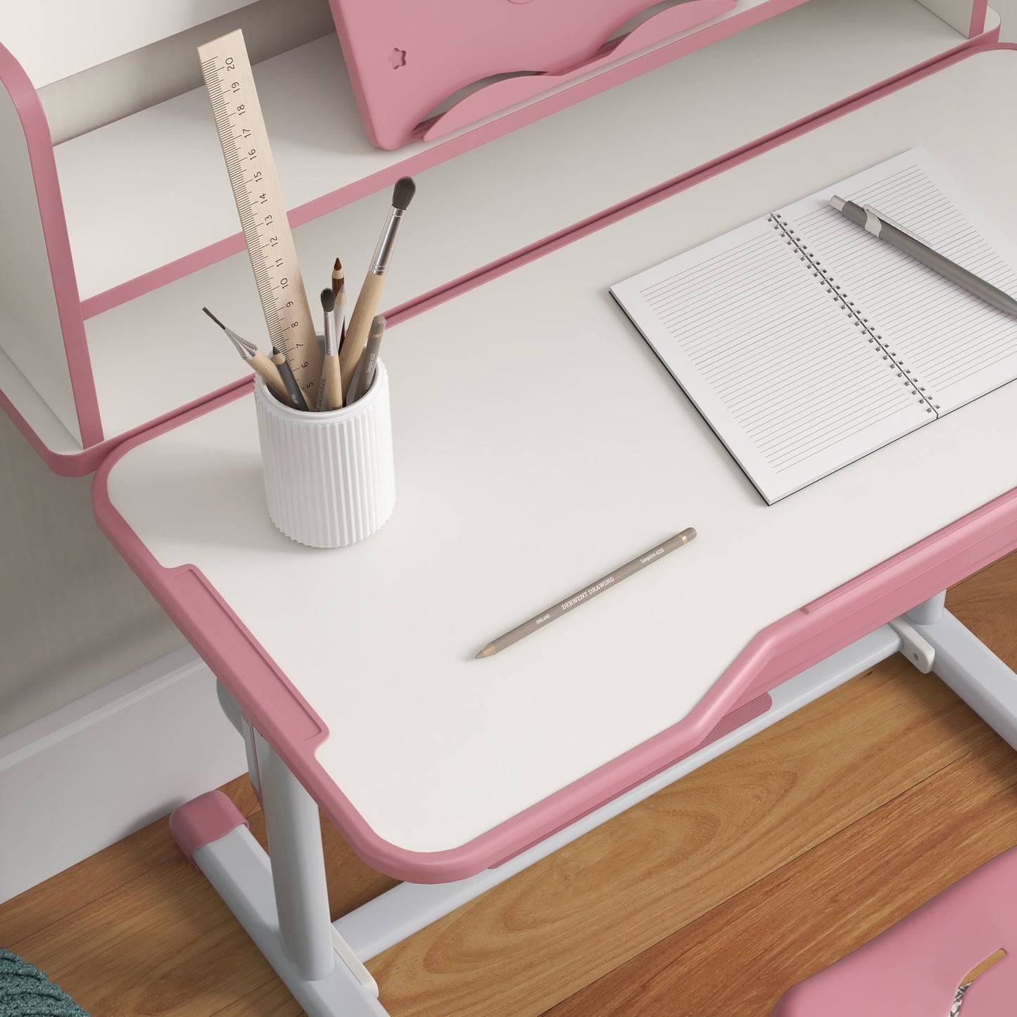 ZONEKIZ Height Adjustable Kids Study Table and Chair Set, with Drawer, Storage Shelf, 80 x 54.5 x 104 cm, Pink