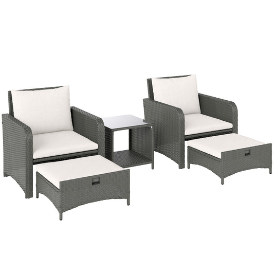 Outsunny Five Piece Rattan Garden Furniture Set with 2-Tier Coffee Table and Ottomans - Cream White