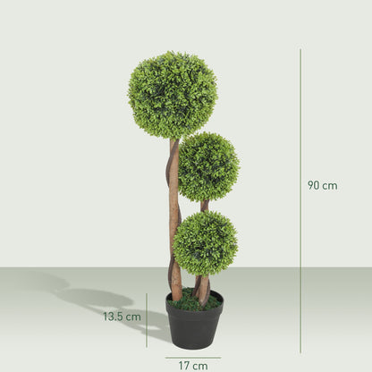 HOMCOM Decorative Artificial Trees Boxwood Ball Topiary Trees Set of 2 in Pot, Fake Plants for Home Indoor Outdoor Decor
