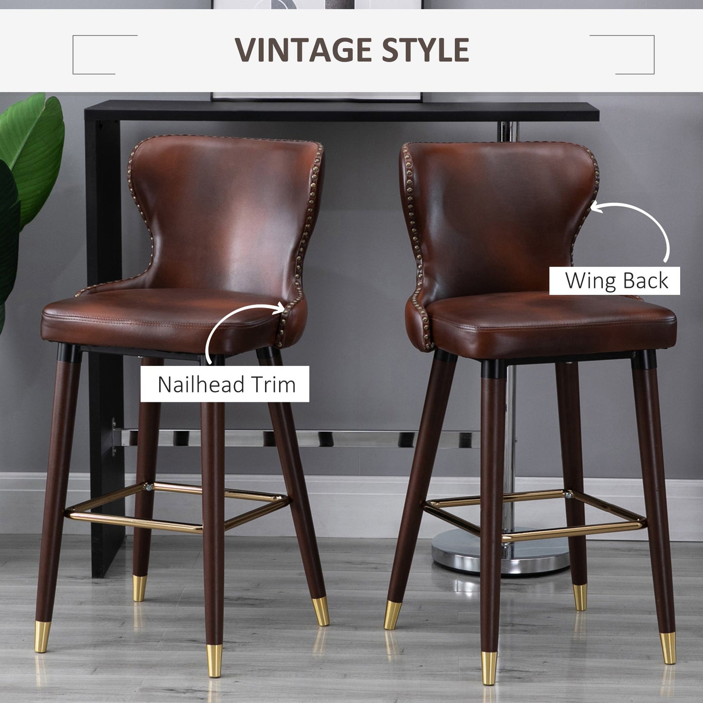HOMCOM Bar Stools Set of 2, PU Leather Barstools with Back, Footrest and Wood Legs for Kitchen, Counter, Breakfast Bar, Brown