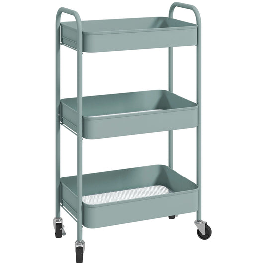 HOMCOM Three-Tier Steel Storage Trolley - Light Blue