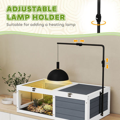 PawHut Tortoise Table with Adjustable Lamp Holder, Wooden Tortoise House w/ Openable Lids, Pull-Out Trays - Grey