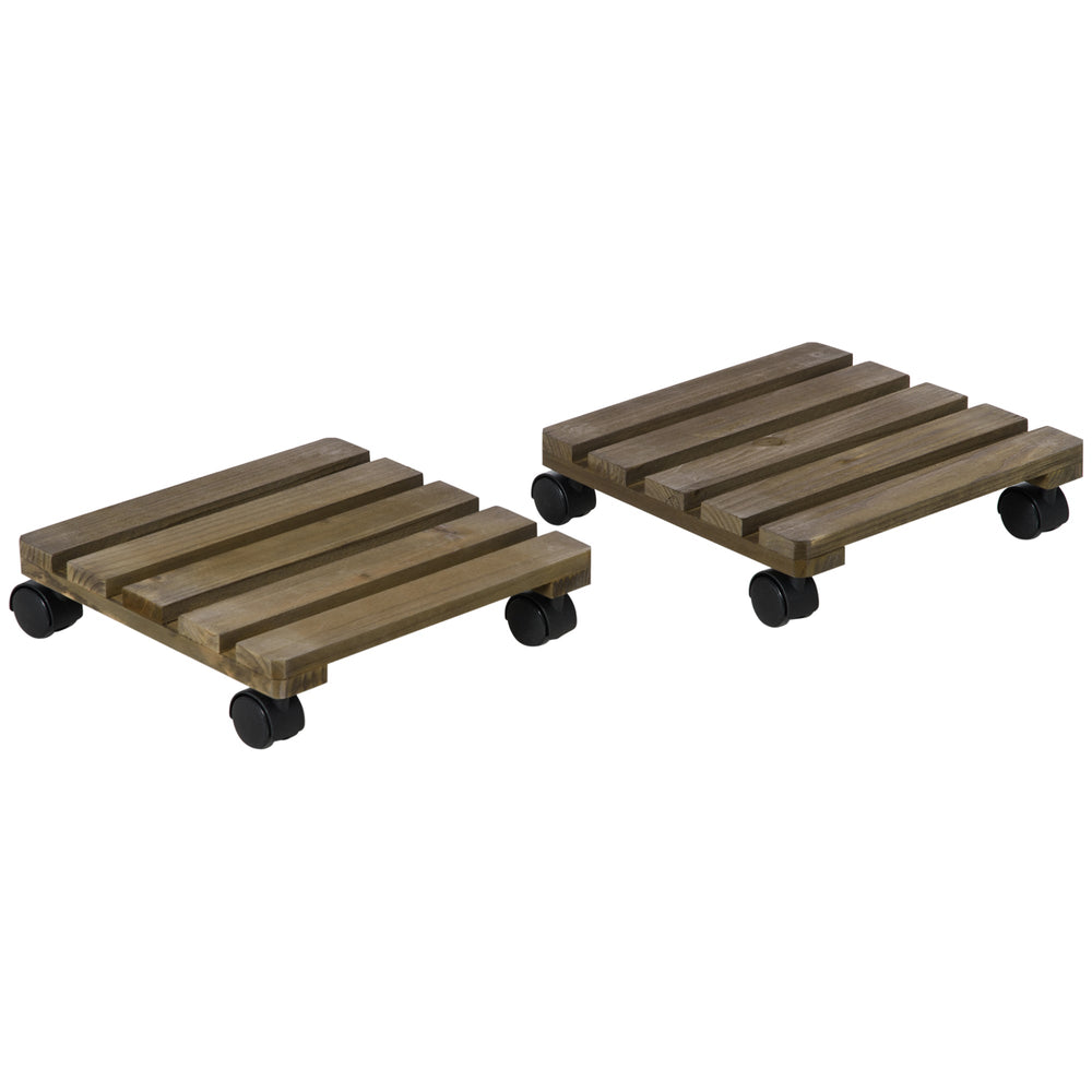 Outsunny 2 Pack Plant Caddy with Wheels, 30 cm Square Wooden Plant Pot Trolley, Pot Caddy for Outdoor Patios, Decks and Indoors, Dark Brown