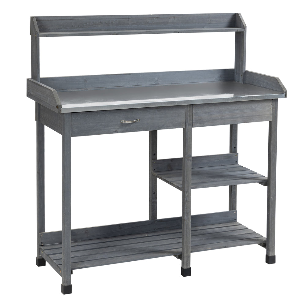 Outsunny Garden Potting Table with Storage, Workbench, Metal Top, Storage Shelves & Hooks for Patio, Courtyard, Wooden