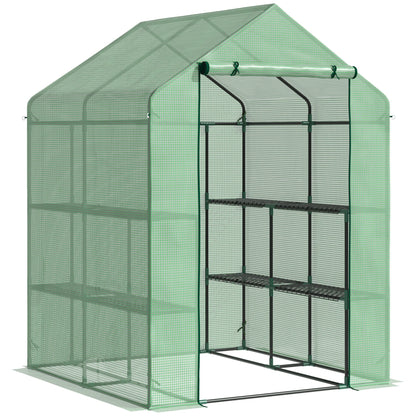 Outsunny Walk in Greenhouse with Shelves Steeple Green House for Garden Grow House Removable Cover 143x138x190cm, Green