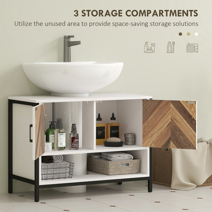 HOMCOM Under Sink Bathroom Cabinet, Rustic Under Sink Cabinet with Herringbone Doors and Open Compartment for Basin with or without Pedestal, 80 x 40 x 60cm, Cream White