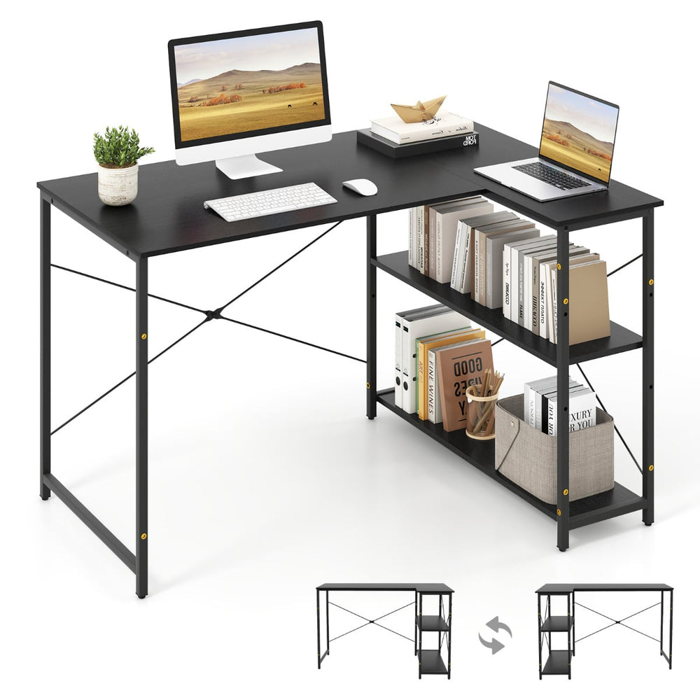 L-shaped Computer Desk Reversible Corner Desk with Adjustable Shelf-Black